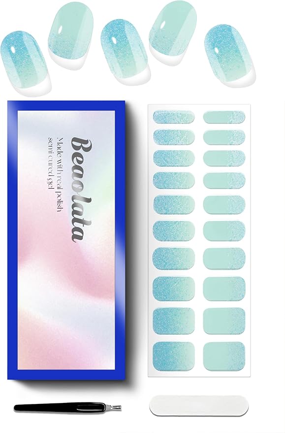 Semi Cured Gel Nail Strips - UV Light Gel Nail Stickers - 20 Long Lasting Salon Quality Wraps (Mojito Mint)