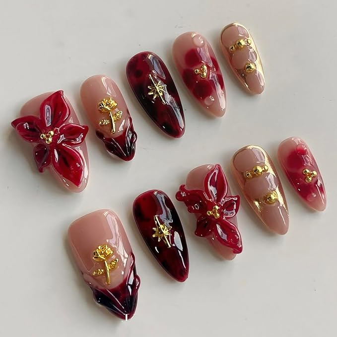 Luxury Press on Nails Medium Almond Handmade 3D Unique Reusable ABS Material Fake Nails French Tip False Nails with Designs Red Floral Glossy Glue on Nail Thick Acrylic Nail(S)