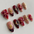 Luxury Press on Nails Medium Almond Handmade 3D Unique Reusable ABS Material Fake Nails French Tip False Nails with Designs Red Floral Glossy Glue on Nail Thick Acrylic Nail(S)