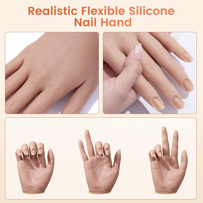 Practice Hand for Acrylic Nails: Silicone Nail Hand Practice with Gold Rings - Flexible Fake Hand Mannequin Nail Hand Kit for Beginners