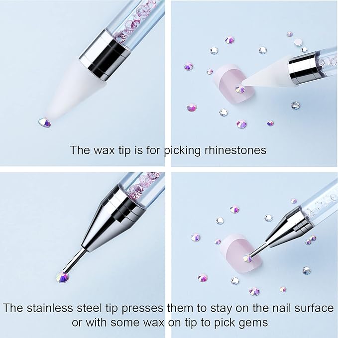 2 Pieces Rhinestone Picker Dotting Pen, Dual-ended Rhinestone Gems Crystals Studs Picker Wax Pencil Pen Crystal Beads Handle Manicure Nail Art DIY Decoration Tool (Light Blue Pink)