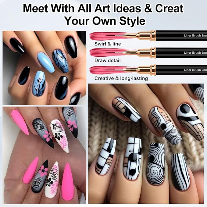 Nail Art Liner Brushes, 5Pcs Liner Brush For Nails, Painting Nail Art Brush Set Dotting Drawing Tool for Long Lines, Thin Details, UV Gel Polish Painting, Fine Drawing 7/9/11/15/25mm(Black)