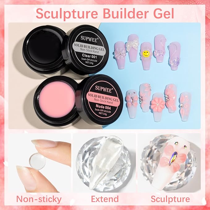 Solid Builder Gel for Nail Extension Clear Nude Non-Stick Hand Sculpture Hard Gel with Dual Form Flower Nail Strengthen Nails Art for Home DIY Nails Salon Lamp Cure Require 2 Colors 14g
