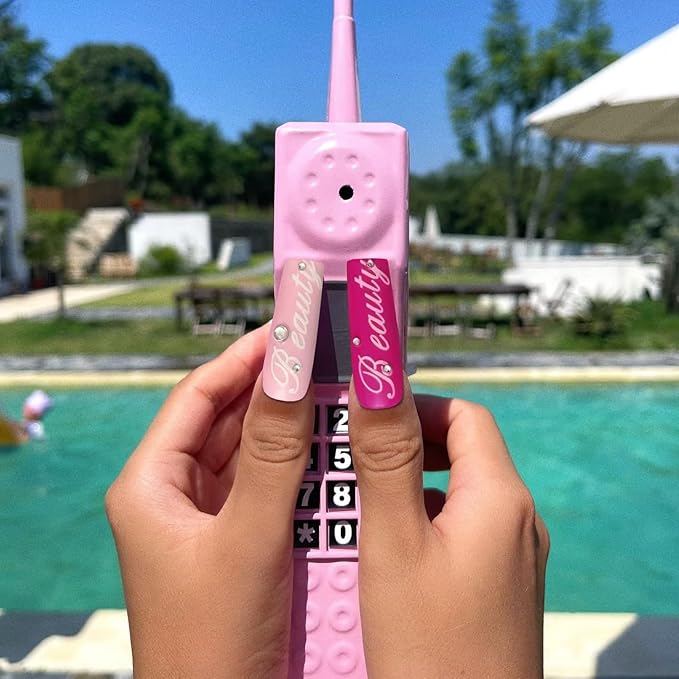 GREENTEA Faux Fur 3D Handmade Press On Nail Long,Nail Pink with Heart and Gem Accents, Colorful Baby with Storage packages 10 Pcs (Pink-M)
