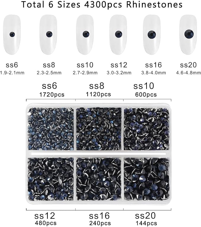 Beadsland 4300pcs Flatback Rhinestones, Dark Blue Rhinestone Nail Gems Round Crystal Rhinestones for Crafts,Mixed 6 Sizes with Picking Tweezers and Wax Pencil Kit, SS6-SS20, Montana