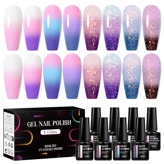 MEET ACROSS 8Pcs Color Changing Gel Nail Polish Set Pink Purple Glitter Temperature Mood Changed Gel Polish DIY Salon Manicure Kit