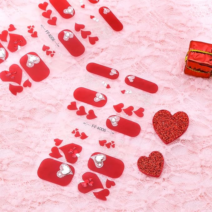 Valentines Day Gel Nail Stickers for Nail Art Red Heart Gel Nail Polish Strips Romantic Love with Rhinestones Glitter Design Cute Holiday Stickers Full Wrap Gel Nail Strips Sticker for Manicure Salon