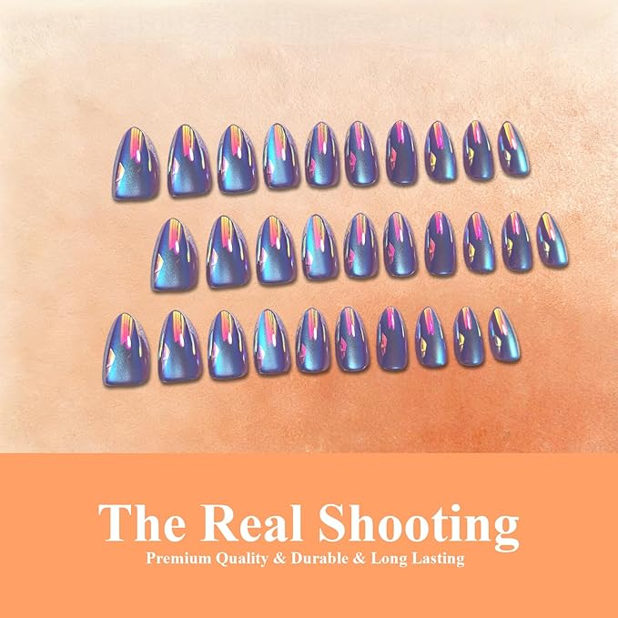 Chrome Dusty Purple Press on Nails Short Almond, Glazed Cute Fake Nails with Sparkle Mirror Design, Shiny Glitter Glue on Nails Stiletto, Gel Nail Press ons with Glue for Fingernail 30 Pcs