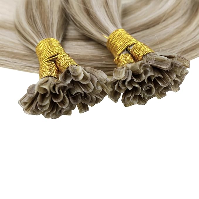 RUNATURE Utip Hair Extensions Real Human Hair Ash Brown with Platinum Blonde U Tip Hair Extensions 20 Inch Long Straight Hair Ktip Hair Extension Full Ends Keratin Hair Extension Remy 50g 50s