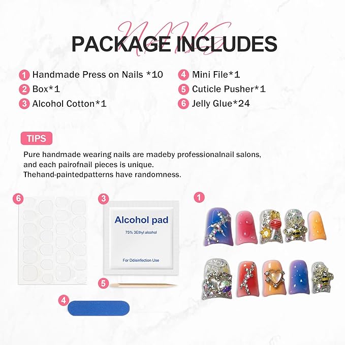 Gradient Press on Nails Luxury Handmade Fake Nail 3D Lollipop & Rhinetone Bee Design False Nails with Designs Heart Flower Press on Nails Muti-Layer Gel Thick Acrylic Nail for Women (Size S)