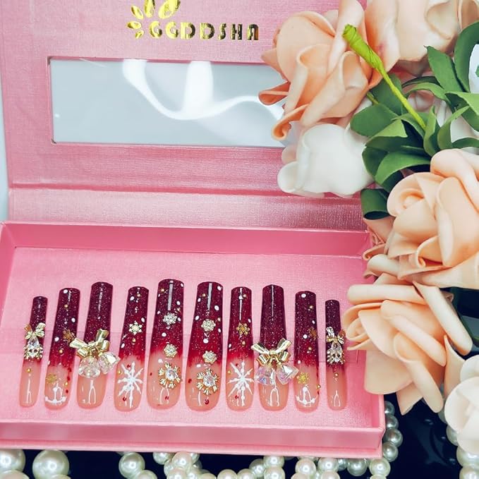 2025 New Long Handmade PMMA Acrylic Nails Red with Snowflake Rhinestone Bell Design Reusable Full Coverage False Nail Ladies False Nail Set (Snowflake, Long)