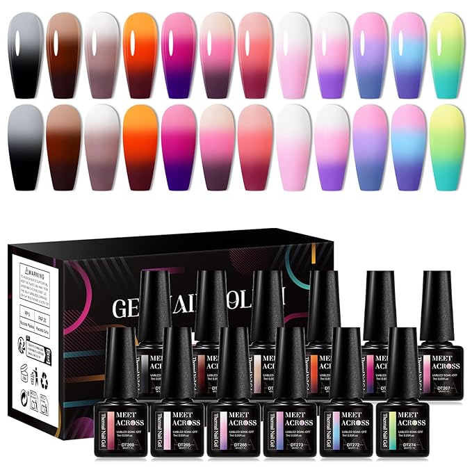 MEET ACROSS 12Pcs Color Changing Gel Nail Polish Set Nude Pink Purple Brown Temperature Mood Changed Nail Polish Gel DIY Salon Gift for Women