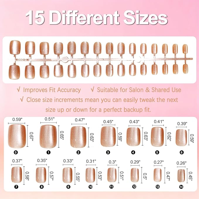 Allstarry Cat Eye Press on Nails, 15 Full Sizes Range Brown Cat Eye Nails Press Ons 4 Colors Cateye Presson Nail for Women 120pcs Glossy Short Square Fake Nail Tips Stick DIY Salon