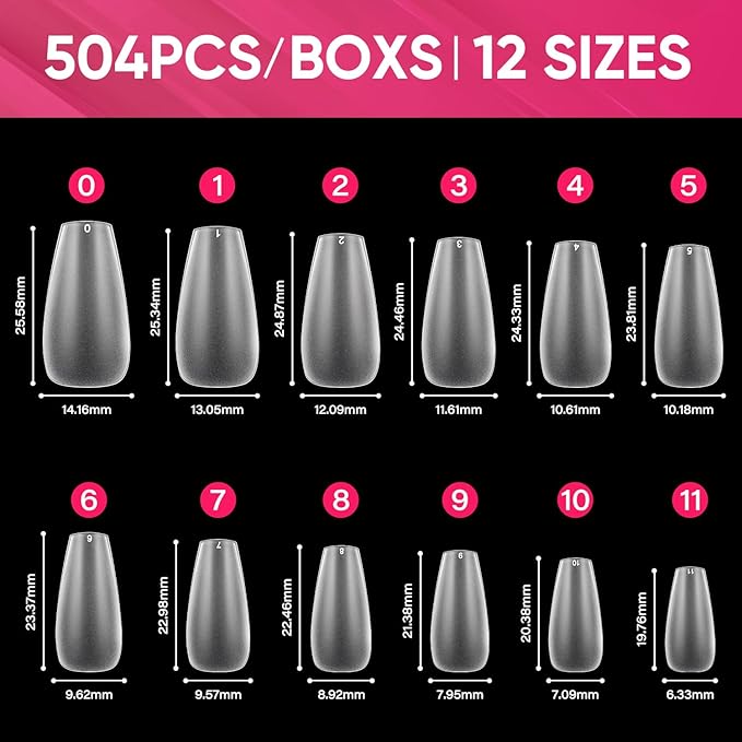 AIMEILI Medium Coffin Nail Tips, 504Pcs Pre-Shape Full Matte Press On Nail Fake Nails for Nail Extension Full Cover False Nails Gelly Tips DIY Nail Salon 12 Sizes