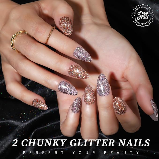 Teenitor 288pcs Short Almond Press on Nails for Women, 12 Sets of Short Fake Nails with Glue, Matte & Glitter Finish