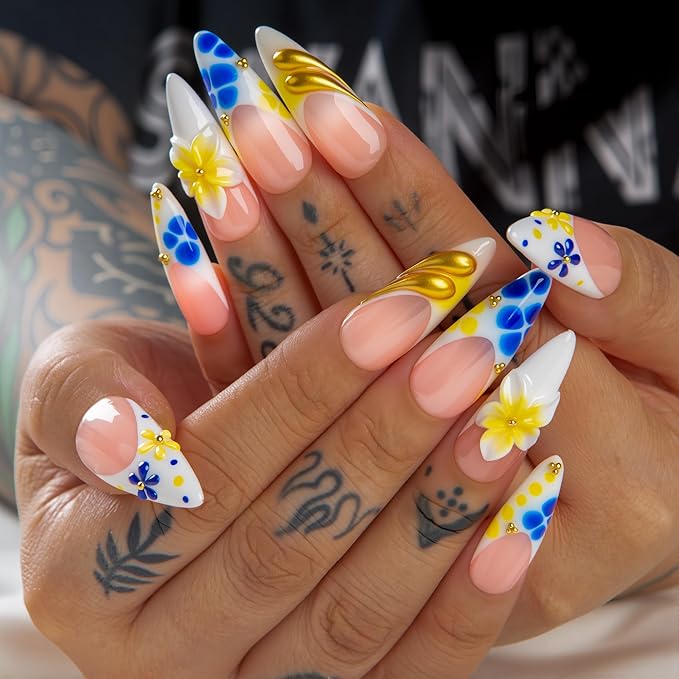 LOVFUL Short French Tip Press on Nails Morning Dew | Handmade Acrylic Press ons| Reusable Fake False Nails | Stiletto Classic Regular 1.3in | H696-S