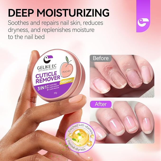 gelike ec Cuticle Cream for Dry Damaged Cuticles: Organic Moisturizer Nail Care Balm Cuticle Remover for Rough Hands Cracked Rigid Foot - Professional Nail Repair for Salon Home - Peach Scent