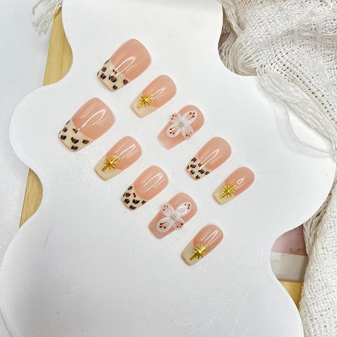 Handmade Press on Nails French Tip Leopard Print Press on Nails Short Coffin Fake Nail Designs Flower False Nails Full Cover Artificial Acrylic Glue on Nails for Women Girls Stick on Nails (Size S)