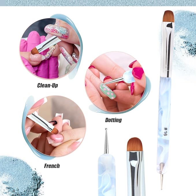 French Manicure Brush - Two Way Nail Art Brush with Dotting Manicure Tool - Professional Salon Quality, Nail Dotting Pen (16#, Blue)