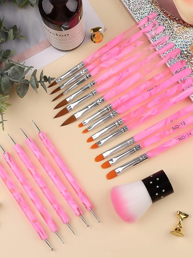 19 Pcs Pink Acrylic Nail Art Brush Set, TOROKOM UV Gel Nail Brushes for Nail Art Tips Nail Polish Builder Brush Nail Painting Brush with Nail Dotting Tool Nail Art Dust Remover Brushes for Nail Salon