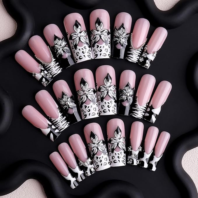 Square Press on Nails Long Cow Print Fake Nail 3D Flowers Designs Acrylic Nail Press ons Sparkly Rhinestones Stick on Nails for Women 24pcs