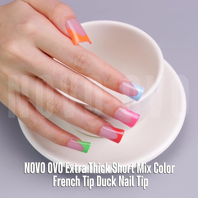 NOVO OVO French Tip Short Duck Nail Tips Press On 5 MIXED COLOR, Pre-designed Soft Gel Nail Extension, Pre-applied Tip Primer & Base Coat, Full Cover Acrylic False Nails for DIY x 12 Sizes 240 pcs