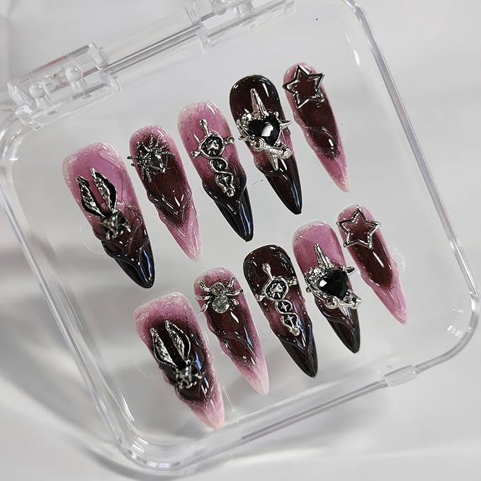 Halloween Handmade Press on Nails Long Almond 3D Nails Gothic Thick Acrylic Fake Nails Ombre False Nails with Rhinestones Spider Heart Designs Pink&Black Sturdy Nail Art Press on Nails 10Pcs(S)