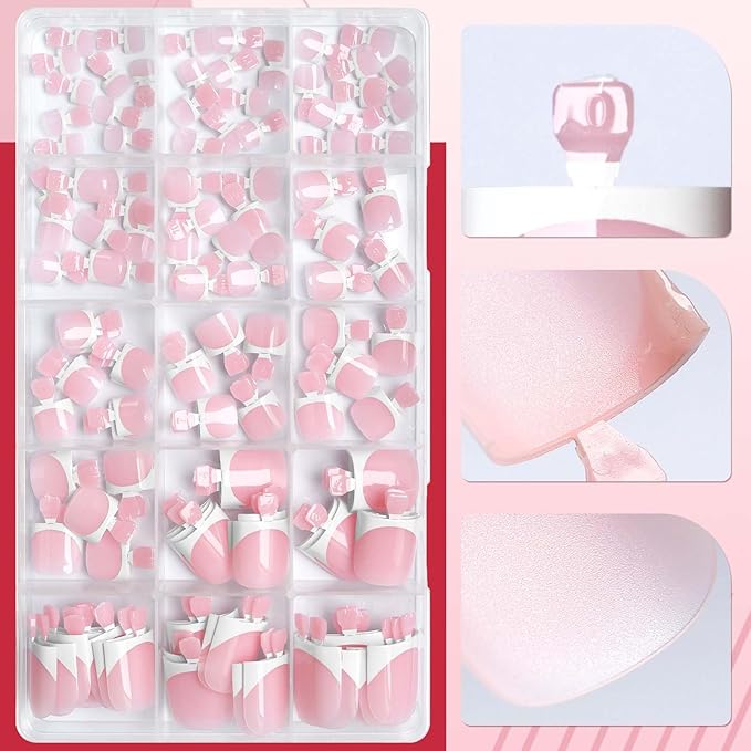 150pc White French Tips Press on Toenails Women Fake Toenail with Glue Tab, Pink Toe Nail Press ons Nails Short Square Fake Toe Nail Tips French Glue on Toenails Stick Acrylic Toes Nails Kit
