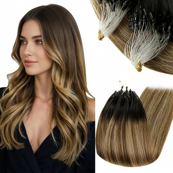 RUNATURE Micro Bead Hair Extensions Real Human Hair Black Balayage Brown to Blonde Micro Link Hair Extensions Brown Ombre Hair 12 Inch 40gram