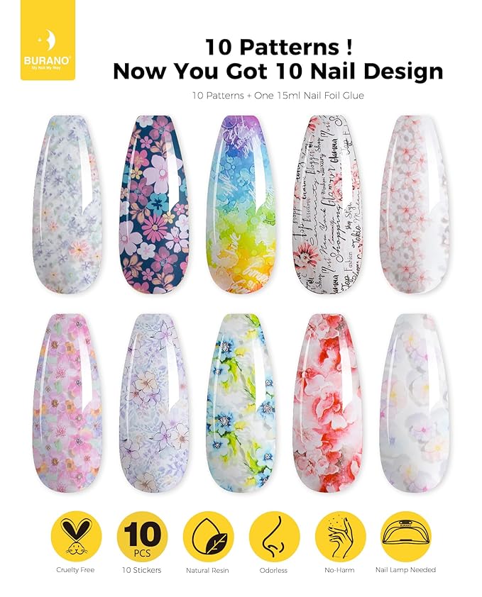 BURANO Nail Art Nail Foil Glue Gel, o.5 oz with 10PCS Foil Stickers Set Nail Foil Glue for Nails Foil Transfer Gel, Nail Design DIY UV LED Lamp Required (Flower Foil 11)