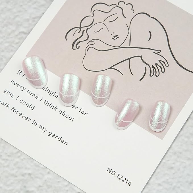 Short French Tip Press On Nails - Round Glitter Glamorous Shimmering Nails For Women, Ideal For Fashion Shoots, Holiday Looks, Or Special Ceremonies, 24 Nails in 12 Sizes