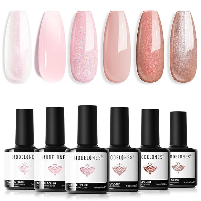 modelones Gel Nail Polish Set 6 Colors Nude Pink Glitter Gel Nail Polish Neutral Pearl White Pink Shimmer Skin Tone Soak Off LED Bubble Bath Collection Nail Art DIY Salon All Seasons Gift For Women