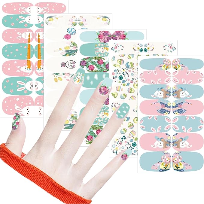 5 Sheets Easter Gel Nail Stickers Cute Rabbit Carrot Nail Polish Strips Colorful Full Wrap Nail Strips Easter Bunny Eggs Nail Strips Stickers Spring Flower Nails Decorations for Women DIY Manicure