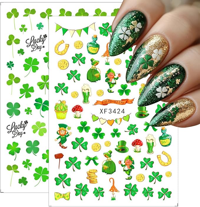 6 Sheets St. Patrick’s Day Nail Stickers 3D Self-Adhesive Green Shamrock Nail Art Stickers Clover Hat Golden Jar Coins Design Lucky Irish Nail Decals Nail Art Supplies for Women Acrylic Manicure