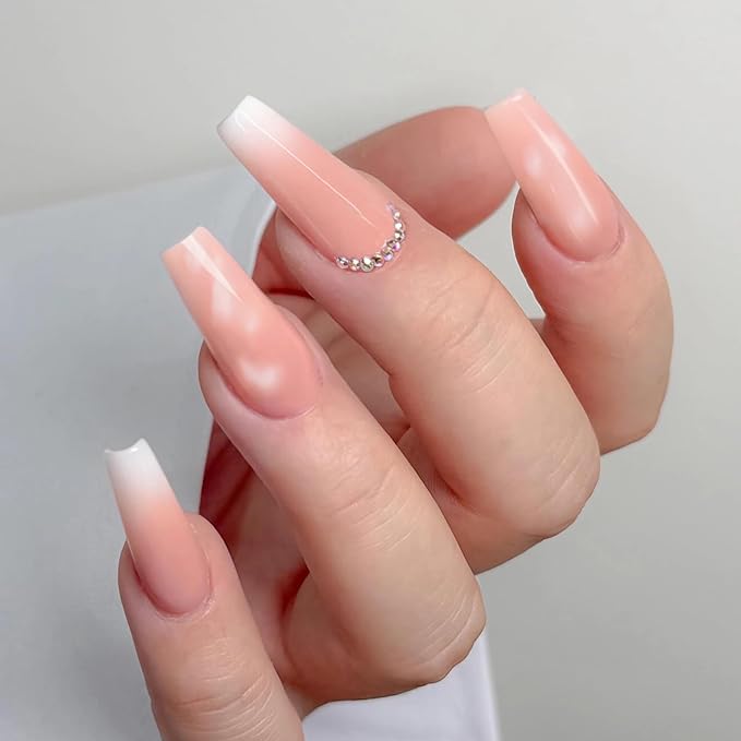 Ballerina Press on Nails Extra Long, Glossy Ombre Rhinestone Fake Nails Coffin Nude Pink Acrylic Press Ons for Women, Natural Fit Full Cover Glue on Nails in 12 Sizes - 24 Pieces Nail Kit