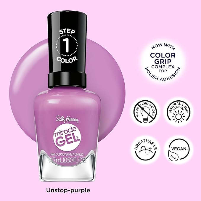 Sally Hansen Miracle Gel Supercharged Pinks Nail Polish | Salon Quality Gel-Like Formula, Two-Step System, No UV Light Needed, Long Lasting | 580 Unstop-purple | Purple Crème Nail Color
