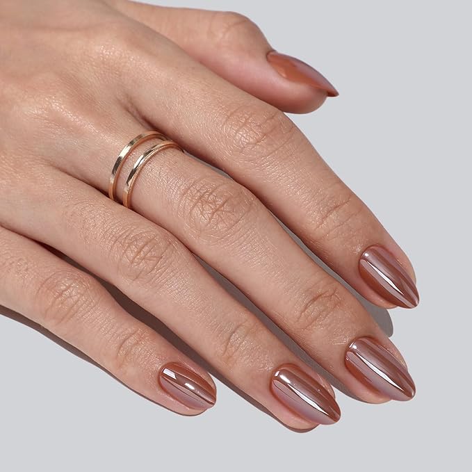 Brown Press on Nails Short - SHANGMENG Soft Gel Almond Chrome Press on Nails for Women, Glossy Glue on Nails with Glue, 16 Sizes - 32 Reusable Fake Nails Kit, Molten Mocha