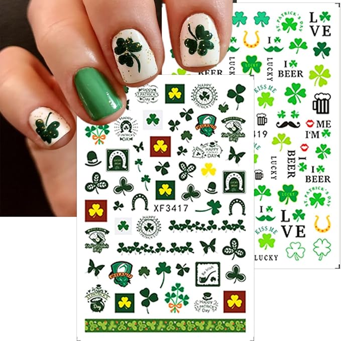 St. Patrick's Day Nail Stickers for Nail Art Lucky Shamrock Nail Art Stickers 3D Self Adhesive Green Four Leaf Clover Nail Decals Spring Summer Cute Nail Design Supplies for Women Manicure 8Sheets
