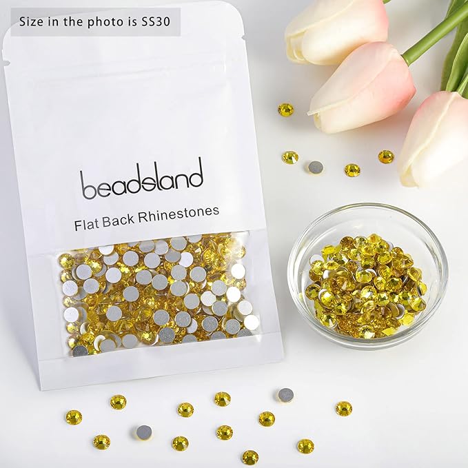 Beadsland 576pcs Flat Back Crystal Rhinestones Round Gems for Nail Art and Craft Glue Fix, Lemon Yellow, SS30,6.3-6.5mm