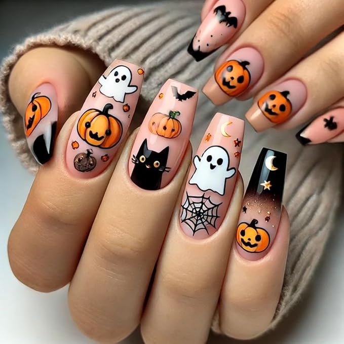 Halloween Nail Stickers for Nail Art Cute Ghost Black Cat Pumpkin 3D Self-Adhesive Nail Decals Nail Art Supplies Ghost Skull Flame Pumpkin Nails Design Manicure Stickers for Nails Decoration 6Sheets