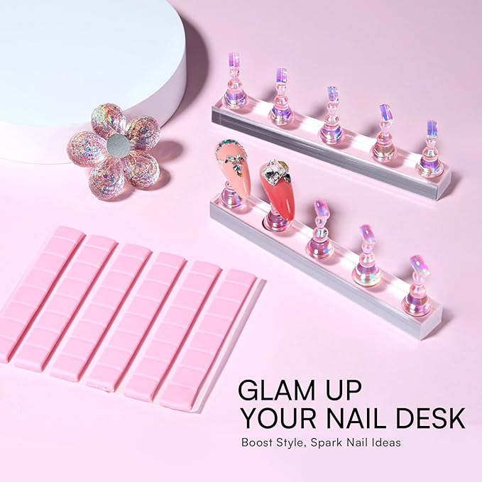 Makartt Press on Nail Stand: Magnetic Nail Holder for Painting Nails DIY Pink for Art Display Practice, Pink Glitter Flower Fake Holder for Home Salon with Reusable Adhesive Putty