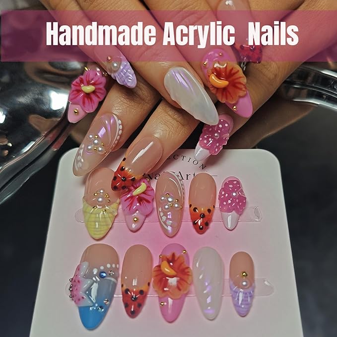 Handmade Acrylic Press On Nails Almond, 3D Press On Nails Medium, Flower 3D Pink Nails French Tip Bubble Preal For Women Gift, Reusable Stick On Fake Nails Kit With Nail Glue (Floral Dreamscape-S)