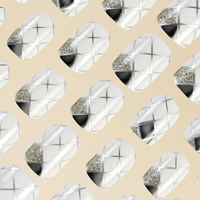 Gray and White Plaid Press on Nails Short Square Fake Nails Lined Plaid False Nail Design Full Cover Glitter Plaids Glossy Acrylic Nails for Women and Girls DIY Manicure Decoration 24Pcs