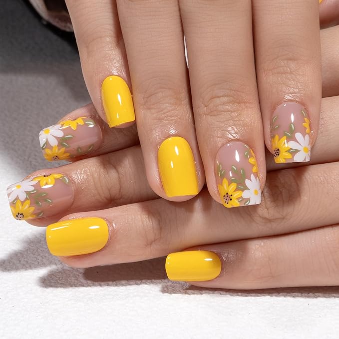Curvlife Soft Gel Press on Nails Yellow Flower Design Full Cover False Fake Nails for Women Reusable Kit with Nail Glue Adhesive Tabs Nail File