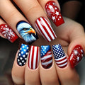 Medium Press on Nails Independence Day Fake Nails with Fireworks and Stripe Designs Bald Eagle Glue on Nails 4th of July Flag Stick on Nails Blue Red Glue on Nails for Women Girls 24Pcs