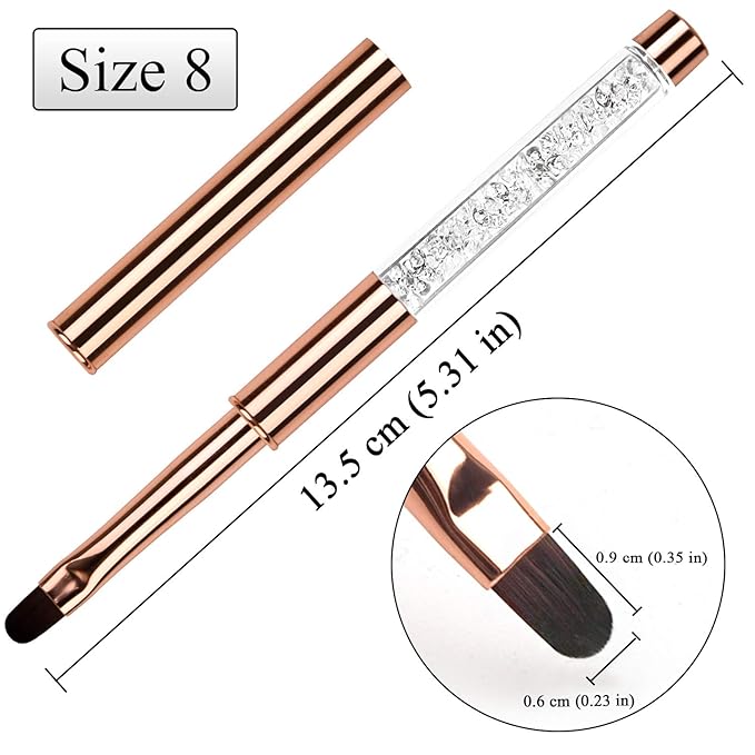 1Pcs Oval UV Gel Nail Brush Rhinestone Handle Professional Nail Art Tools Size 8 Rose Gold