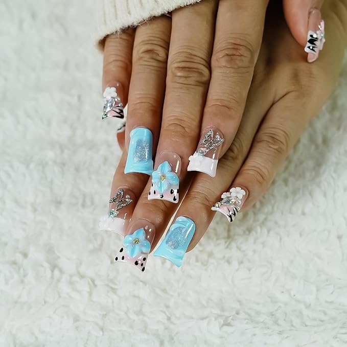Short Duck Press on Nails - 3D Floral Metallic Butterflies False Nails with Pink French Tip & Leopard Print, Pearls Star Luxury Design, Reusable Thick Acrylic Full Cover (Dance Passion,L)