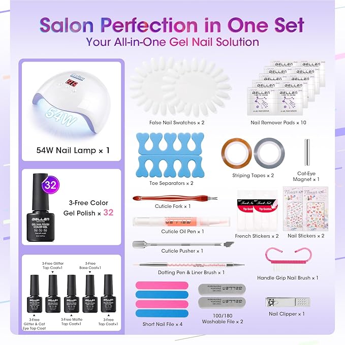 GELLEN Gel Nail Polish Kit with U V Light, 71pcs Gel Nail Kit 32 Colors All Seasons, Base & Top Coats (Glossy/Matte/Glitter/Cat Eye), Professional Home Salon Manicure Kit for Women & Beginners
