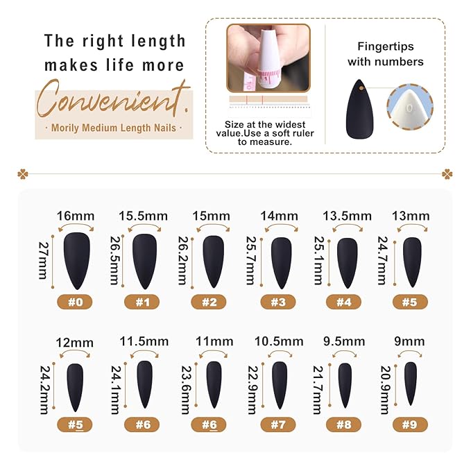 Morily 24pcs Fake Nails Matte Pure Color Medium Long Stiletto Almond Press on Nail False Tips Artificial Finger Manicure for Women (Black)