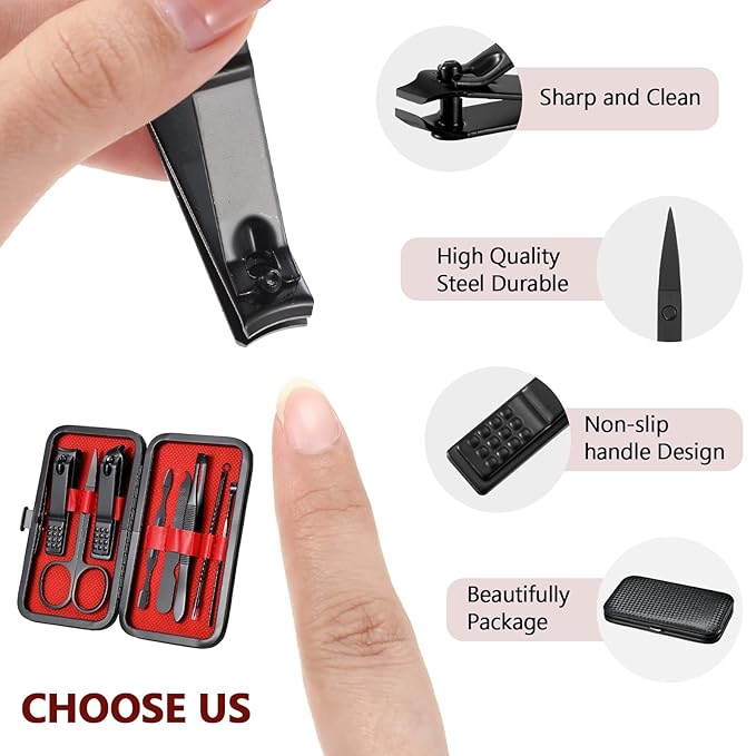 Geosar 12 Sets Manicure Set Nail Clippers Pedicure Kit 8 in 1 Grooming Stainless Steel Kits Nail Care Tools with Travel Case for Employee Coworker Teachers Nurse Gifts(Red Background)